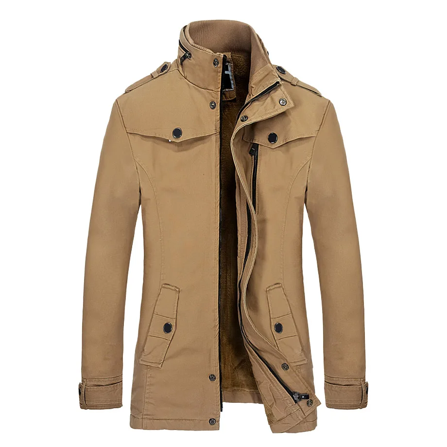 Мужской флисовый Тренч, Новое поступление, зимняя приталенная куртка средней длины, брендовая деловая хлопковая ветровка, SL-E451 - Цвет: khaki