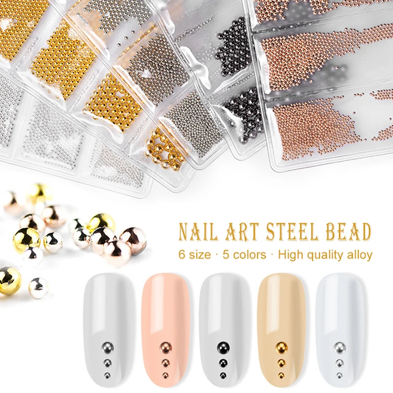

5 Colors Nail Beads Metal Nail Art Decoration Mixes 6 Size Nail Art Alloy 3D Decoration Silver Gold Color Tiny Metal Beads NDM