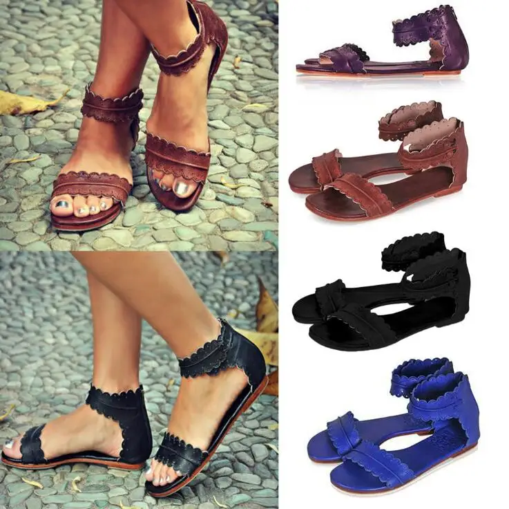 

New women large size flat head ring buckle flat lace ladies breathable sandals 35-43
