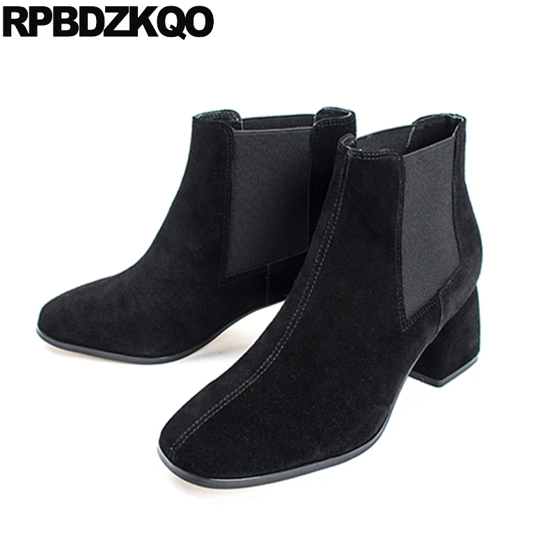 

Fall Short Chelsea Autumn High Heel Slip On Ankle Waterproof Quality Black Luxury Brand Shoes Women Square Toe 2017 Chunky