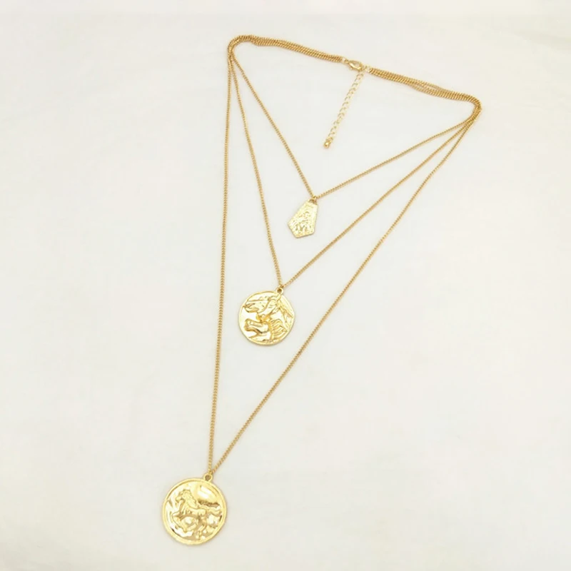

SRCOI Multilayer Chain Horse Unicorn Necklace Pendant Animal Pattern And Human Figure Gold Color Coin Necklace For Women Jewelry