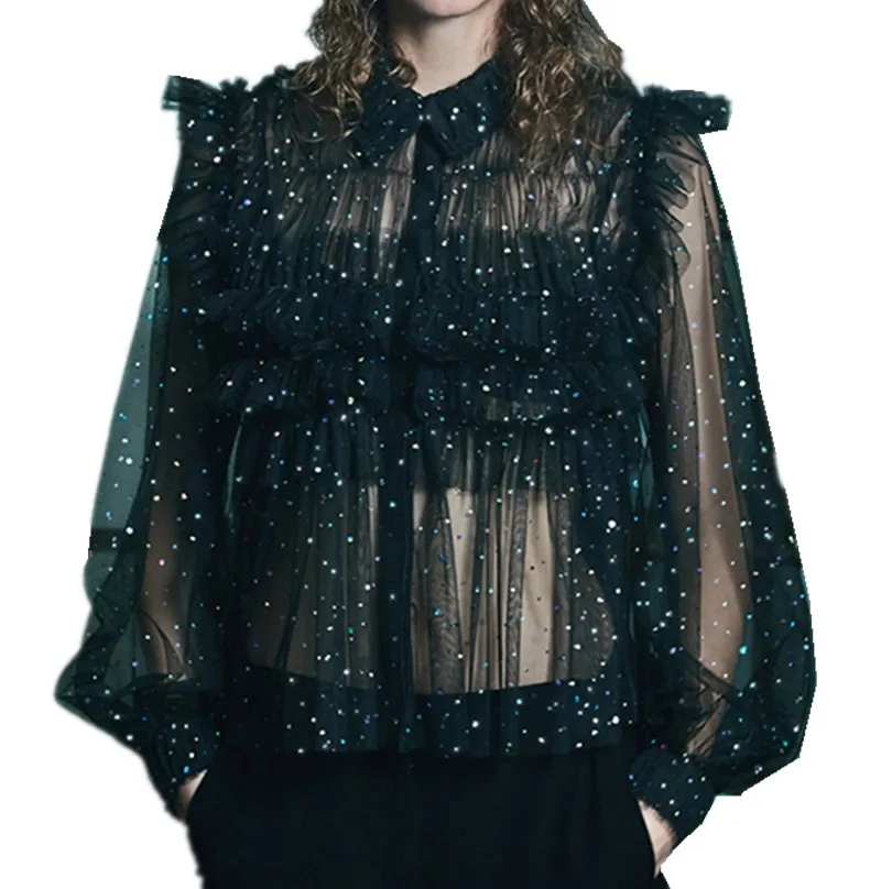 

SMTHMA 2019 Spring Fashion Sequins Blouses Perspective Ruffled Long-sleeved Sexy mesh Shirts + 2pcs Set