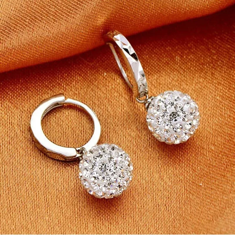 Wholsale fashion jewelry 925 Sterling Silver Hoop Earrings Full Zirconia Crystal Ball Women