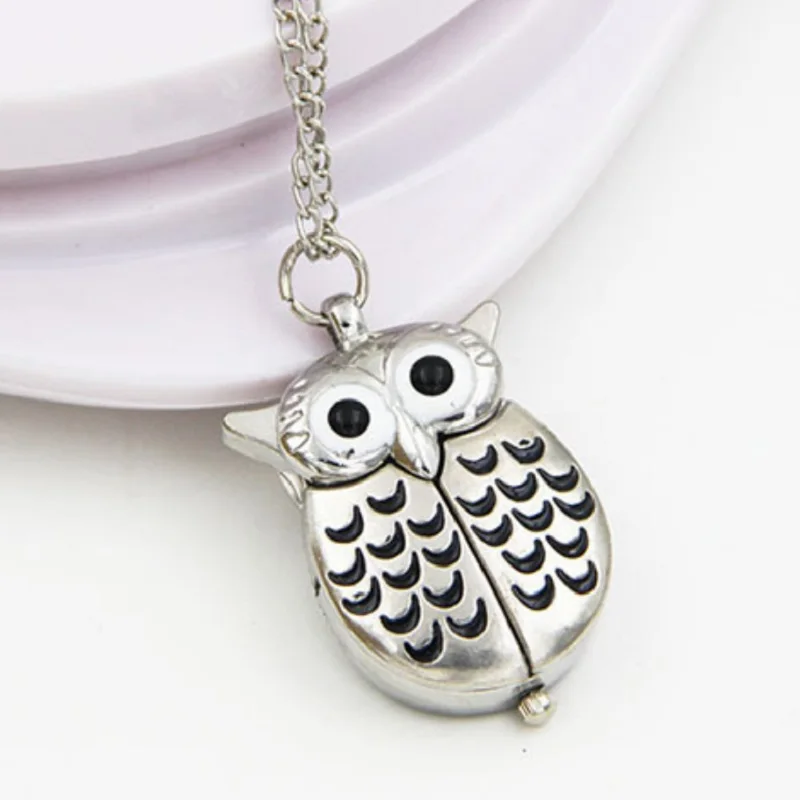 Vintage Bronze Retro Slide Smart Quartz Pocket Watch Unisex Owl Pendant Long Necklace Fob Men Women 5