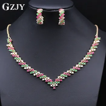 

GZJY Beautiful Wedding Jewelry Cubic Zircon Gold Color For Brides Necklace Earring Wedding Party Accessories Women