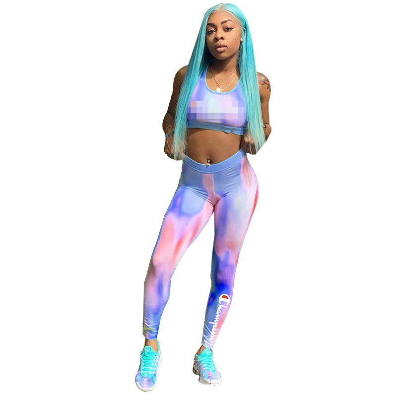 

Wantmove 2019 new summer women two piece set leeter print gradient color sleeveless top and pants leisure two piece set WM607