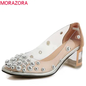 

MORAZORA 2019 new arrival patent leather +pvc women pumps round toe rivet shallow summer shoes square heels prom shoes woman
