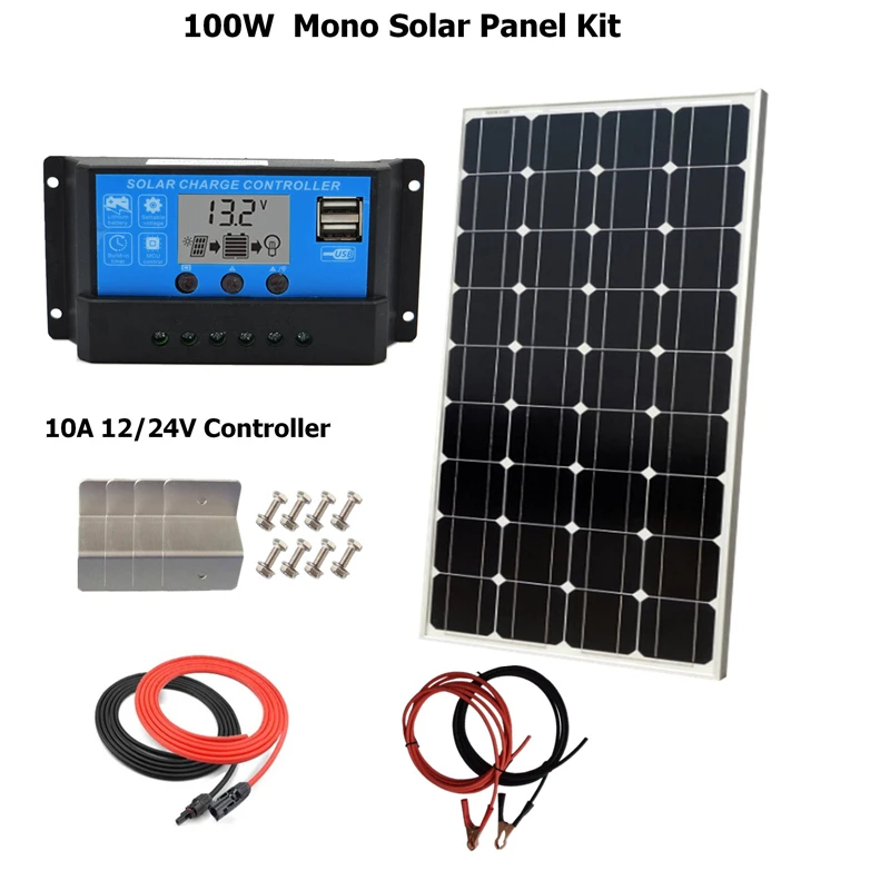 

Sunpower 100W Monocrystalline Solar System Kit: 100W solar panel with 10A LCD solar charge controller and accessories