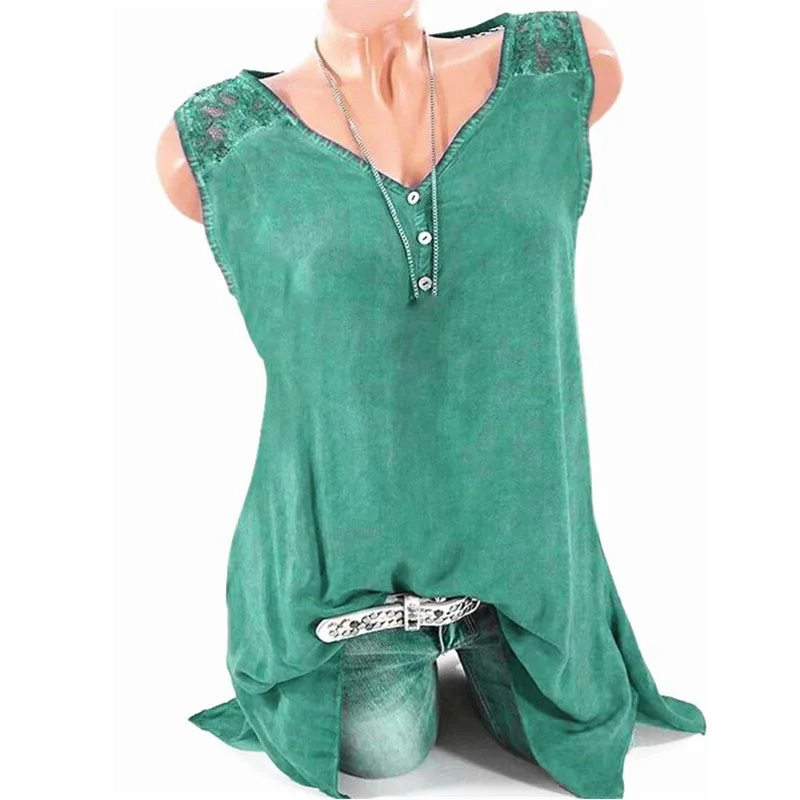 

5XL Plus Size 2019 Summer Women Lace Tank Tops Lace Patchwork Sleeveless Tops Button Hollow Tank Tops
