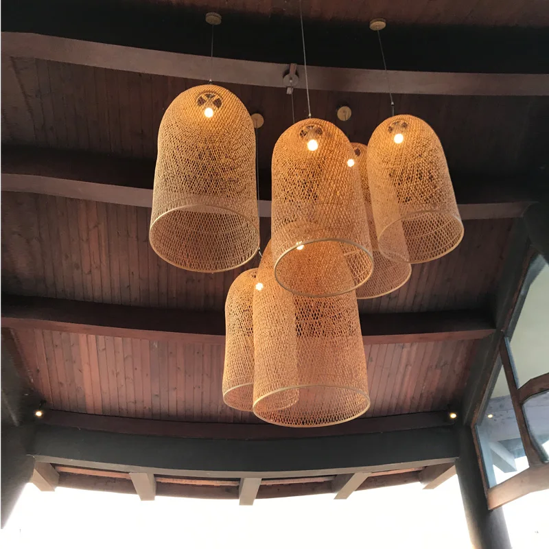 Японский бамбуковый художественный подвесной светильник, винтажный Деревянный Китайский подвесной светильник, светодиодный светильник