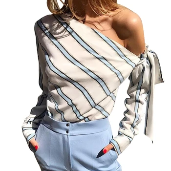 

Glamaker Striped Chiffon One Shoulder Women Blouse Shirt Summer Elegant Casual Female Blouses Sexy Streetwear Blusas Shirts Tops