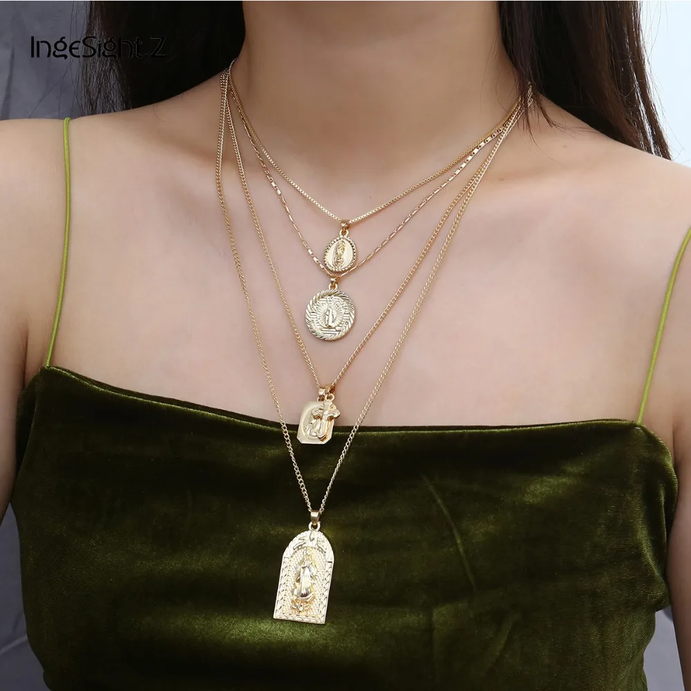 

Ingesight.Z 4Pcs/Set Vintage Multi Layered Choker Necklace Collar Statement Cross Virgin Mary Pendant Necklace for Women Jewelry