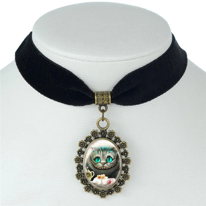 

Alice in wonderland Cheshire Cat Movie jewelry Black Velvet Choker Necklace White Rabbit The Hatter Vintage Statement Necklaces
