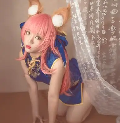 Mae FGO косплей аниме Fate/Grand Order Tamamo No Mae костюм-Чонсам для косплея синее платье женские костюмы на Хэллоуин для женщин - Цвет: Costume and wig