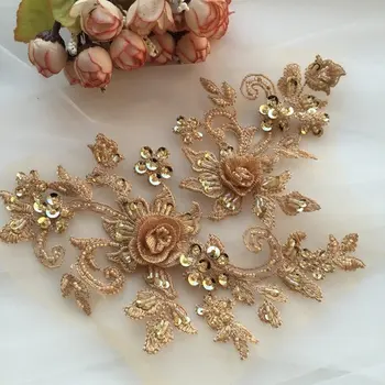 

Dold 3d florals motif bodice 5 pieces,Hand-sewn heavy bead bridal lace applique with sequin,Deluxe Sticker Wedding Accessories