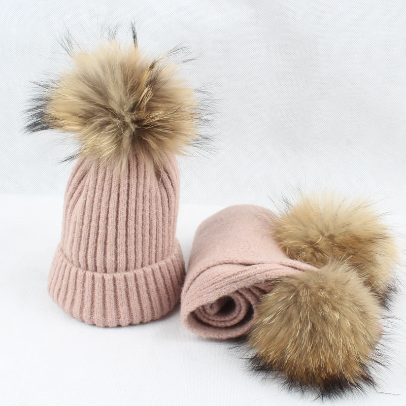 Родитель Ребенок Pom шапочка шерсть вязаная теплая шапки для женщин девочек натуральный мех помпон шапка и шарф набор зимняя шапка Skullies