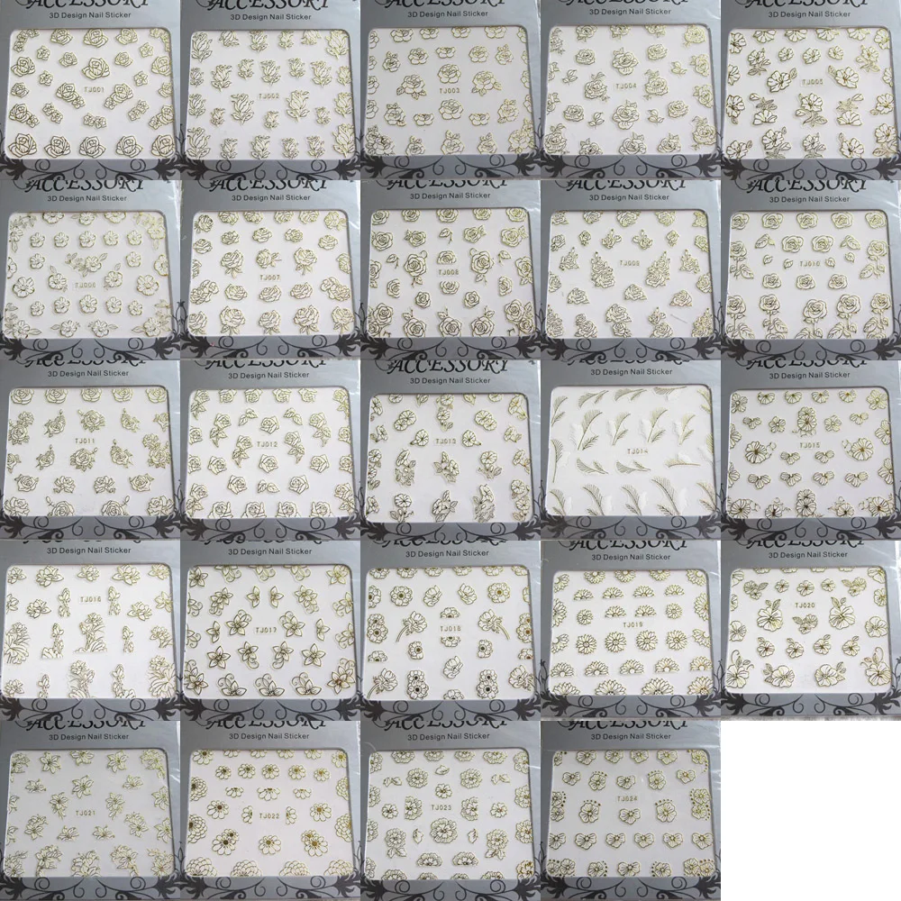 

2PCS TJ001-024 Gold-White Cute Nail Art Sticker Sheet White Rose Flower Leaf Peach Flower Star Flower