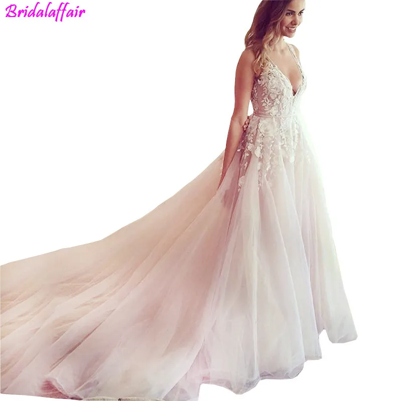 

amanda novias V Neck Pink Wedding Dresses Open Back Sleeveless A Line Floor Length Bridal Dress sukienka na wesele Wedding Dress