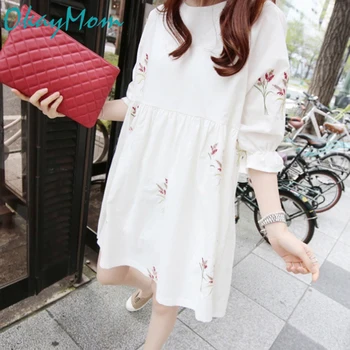

Korean Loose Maternity Nursing Dress Clothing Pregnant Women Nurse Wear Embroidery Linen Dresses Pregnancy Breastfeeding Vestido