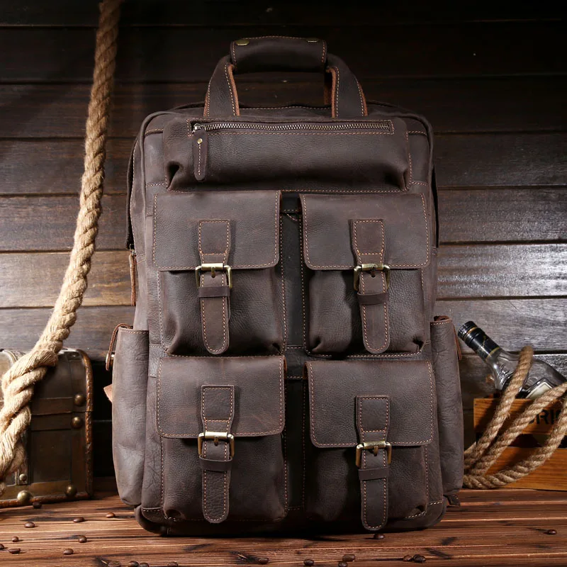 

High Quality Men Cow Genuine Leather Backpacks Crazy Horse Leather Travel Bags Large Capacity Casual Handmade Backpacks 9065A