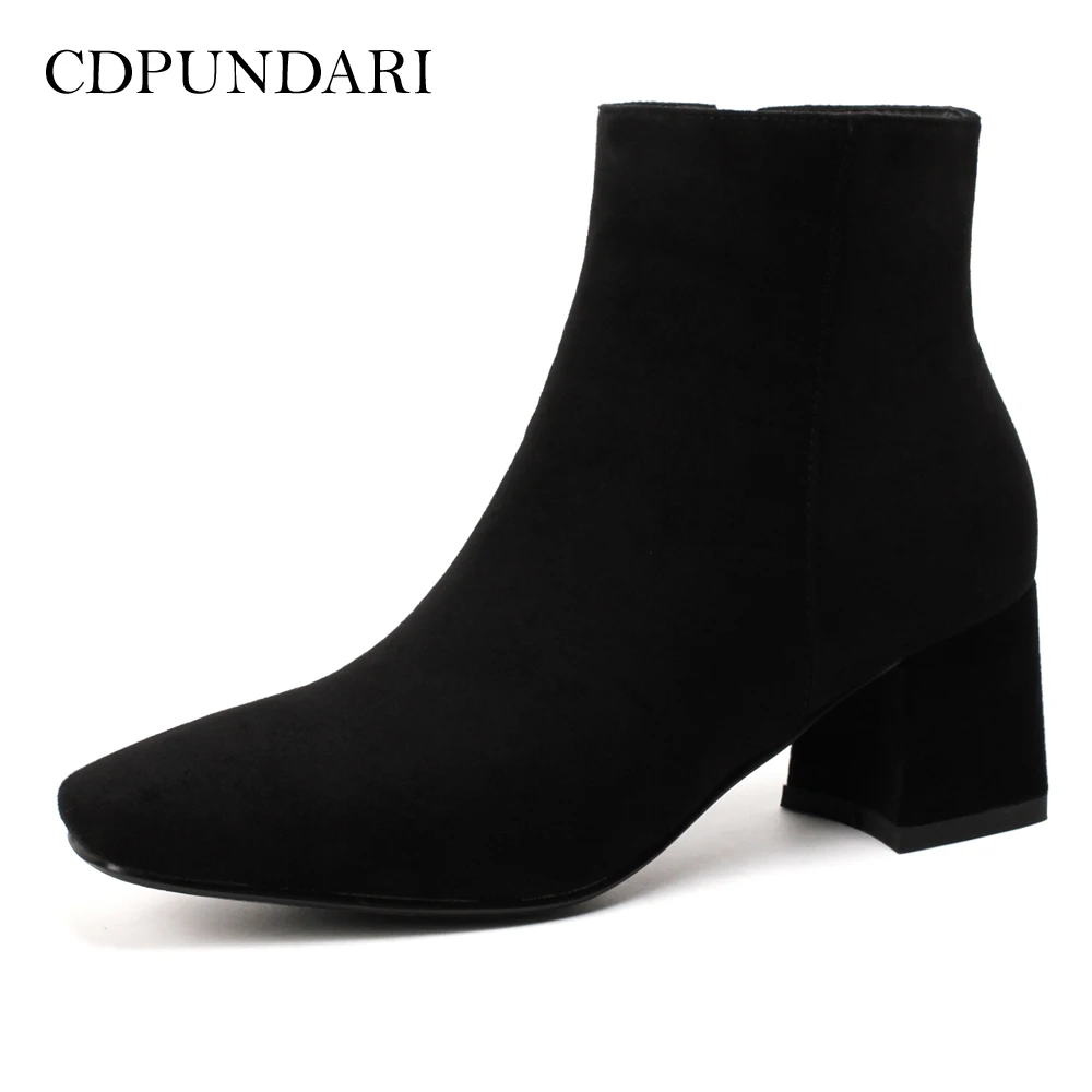 

CDPUNDARI Square Toe Flock Ankle boots for Women High heel boots Ladies Winter shoes woman