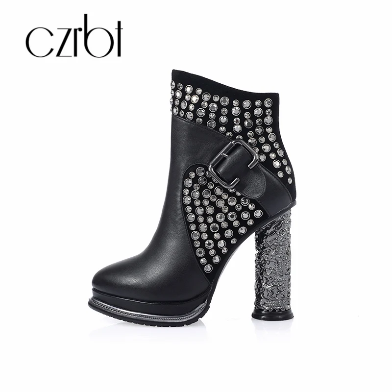 

czrbt boots in autumn and winter 2018 rivet round head thick high heel Joker water-proof platform top leather women's boots