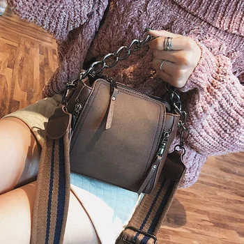 

European style Retro Female bag Chain Bucket bag 2018 New Nandbag Quality Frosted PU Leather Tote bag Shoulder Messenger Bags