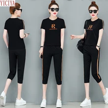 Black 2020 Summer Two Piece Outfits Tracksuits for Women Plus Size Big Wide Pants and Top Sportswear Co-ord Set Letter Clothes