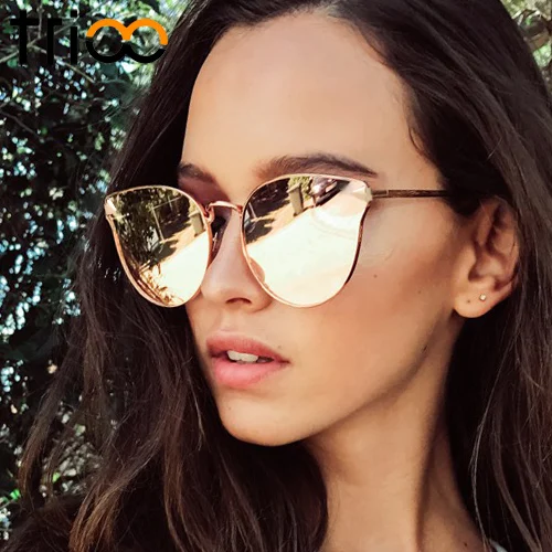 

TRIOO Pink Mirror Sunglasses Women Cat Eye Luxury Brand Designer Oculos lunette femme Quality Color Sun Glasses For Women