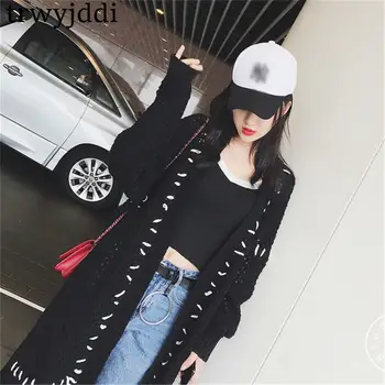 

2020 New Spring Autumn Split Sweater Coat Women Long Section Loose Korean Lazy Hollow Out Knitted Sweater Cardigan Jackets N85