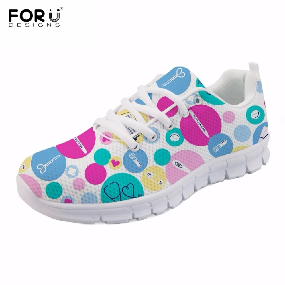 

FORUDESIGNS Woman Spring/Autumn Lace Up Mesh Sneakers Cartoon Nurse Pattern Flats Shoes Students Lightweight Breathable Footwear