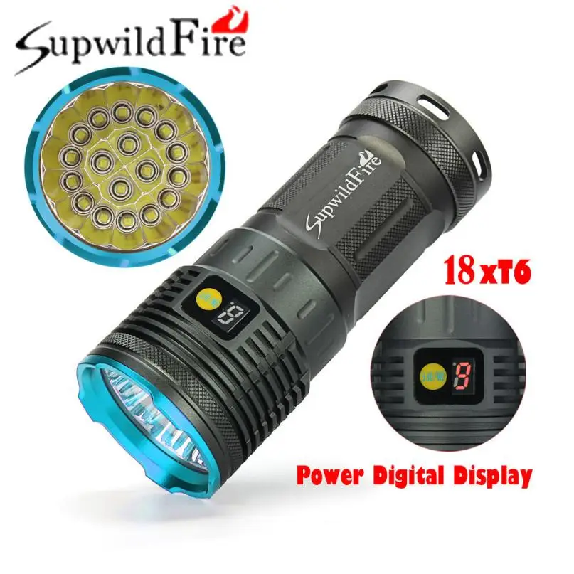 

Supwildfire 55000LM LED Waterproof Zoom Rechargeable Portable Flashlight 18 x XM-L T6 LED Digital Display Flashlight P10