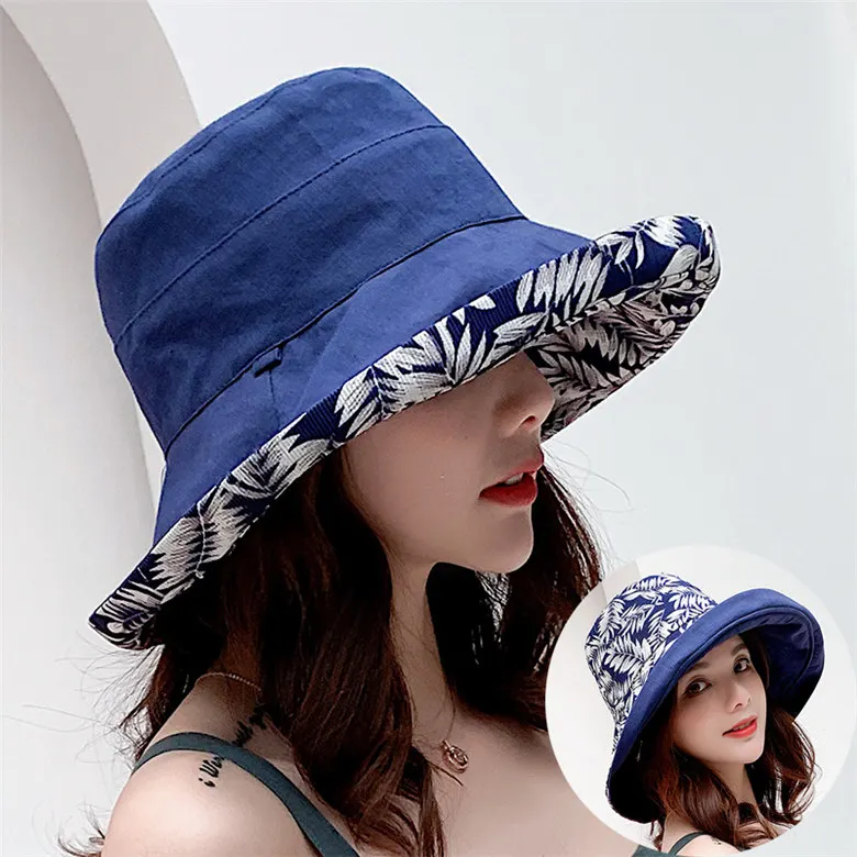 Двусторонняя ведро Шапки Новинки для женщин принт солнцезащитный козырек шляпа женский таз Кепки широкими полями - Цвет: navy