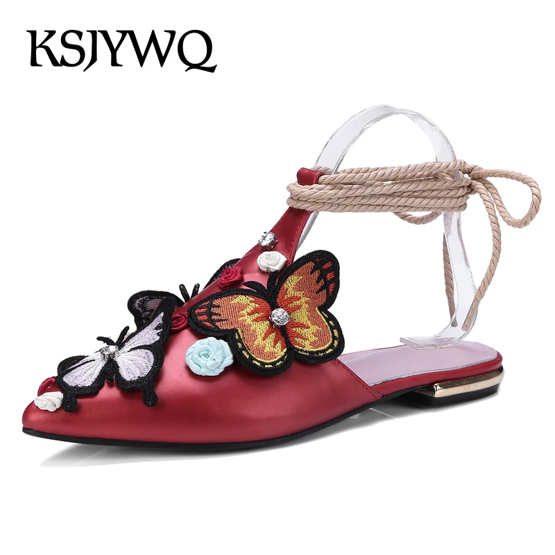 

KSJYWQ Women's Genuine Leather Mules 2 CM Low Heels Pointed-toe Summer Style Slippers Red Slides Woman Shoes Box Packing D08-25