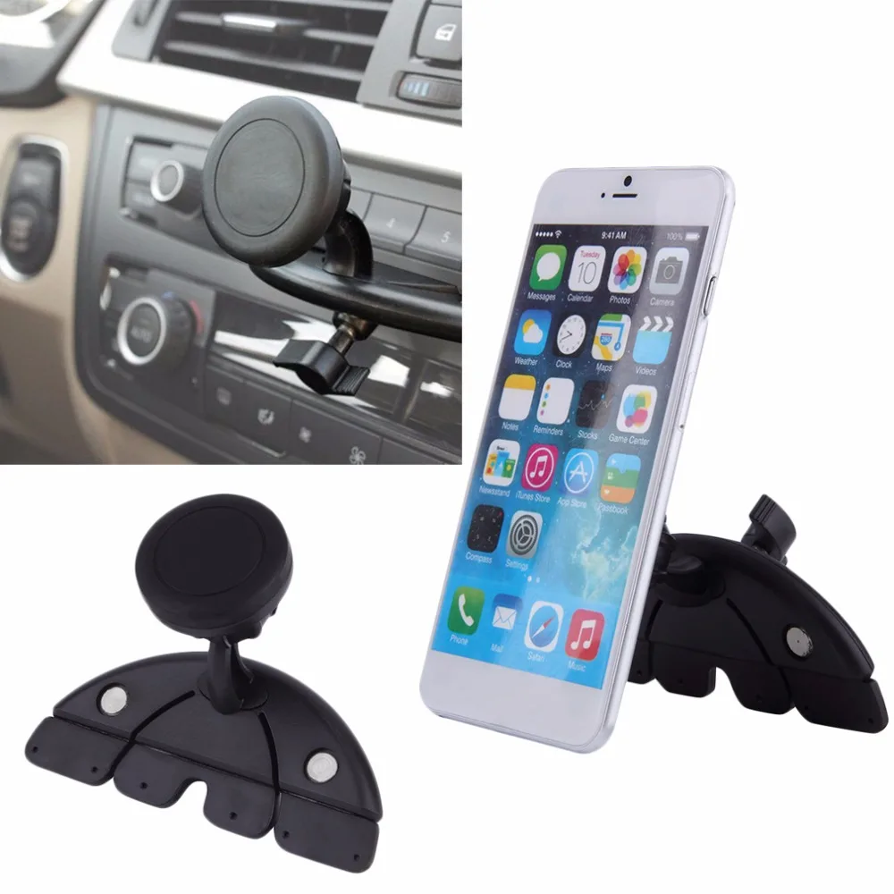 

Universal Adjustable CD Player Slot Smartphone Mobile Phone Car Mount Holder 360 Rotating Magnet Stand Bracket for Mobile GPS AD