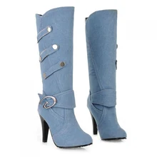 Plus Size 2015 New Sexy Denim Boots Cowboy Boots For Women Punk Fashion High Heel Boots Ladies Chaussure Femme Botte 45#D75