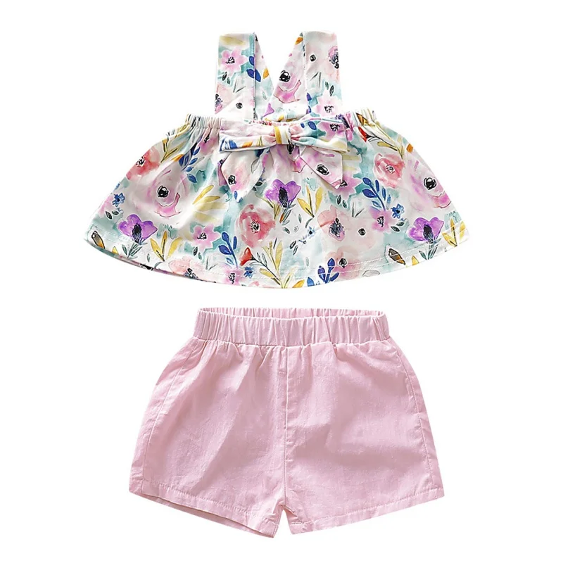 

2Pcs/Set Summer Baby Girls Casual Sleeveless Strap Floral Print T-shirt Tops+Shorts Suits Costume Set