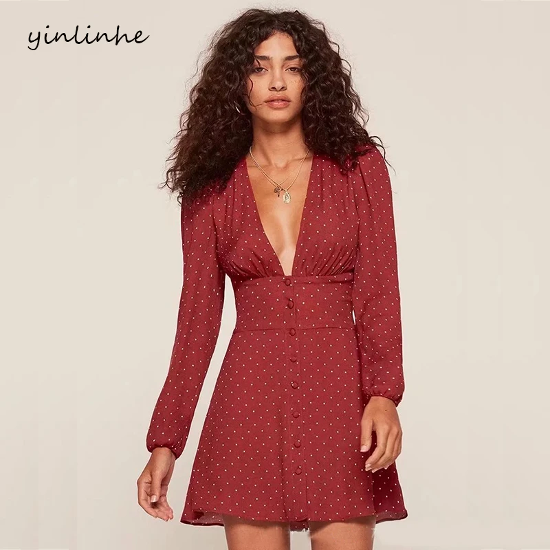 Red Polka Dot Summer Dress Long Sleeve Sexy Beach Dress Women Elasticity Waist V neck Elegant Bohemian Vestido 2