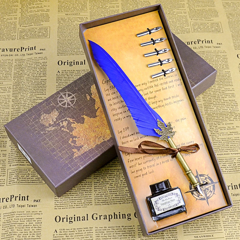 

Free shipping Antique European Quill Feather Dip Pen Writing Ink Set Stationery Gift Box birthday Gift Quill Pen Fountain Pen