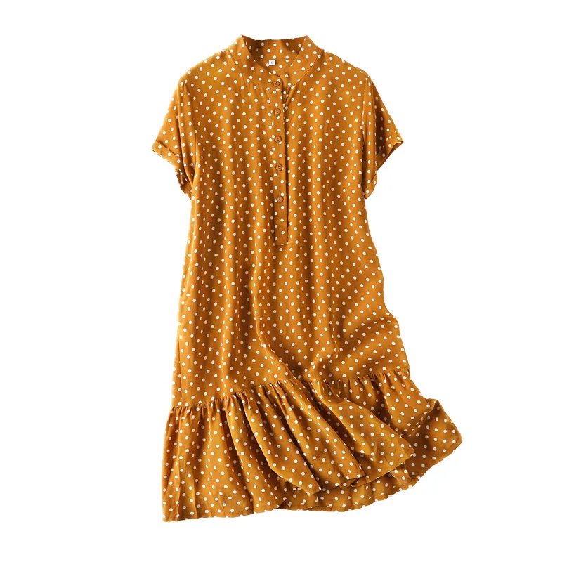 Женское мини-платье из натурального шелка, платья с принтом в горошек для женщин, шелковое платье с коротким рукавом, летнее новое платье имбирное - Цвет: Ginger