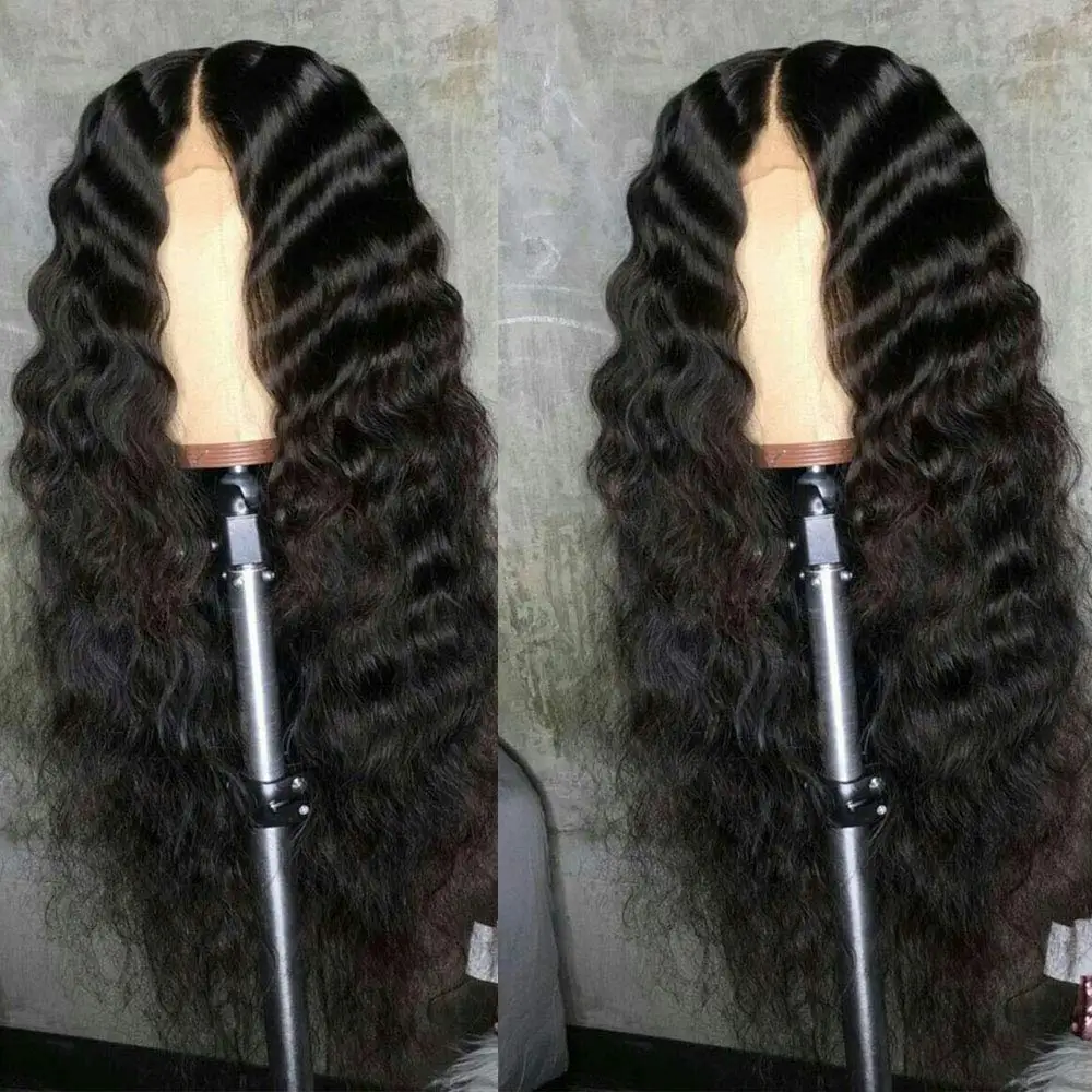 SimBeauty Long Deep Wave Lace Front Human Hair Wigs with Baby Hair Middle Part 130%-180% Density Pr