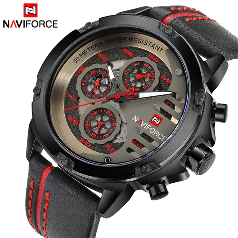 NAVIFORCE Роскошные Брендовые мужские спортивные часы кожаные Кварцевые