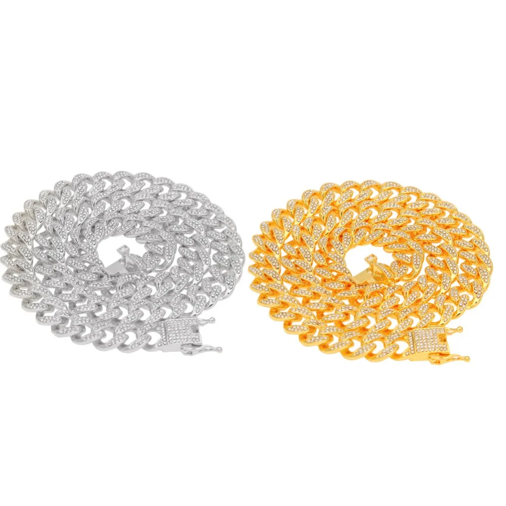 Ожерелье в стиле хип-хоп с кристаллами, стразы, кубинская цепочка, золотистый, серебристый циркониевый браслет, набор для мужчин и женщин