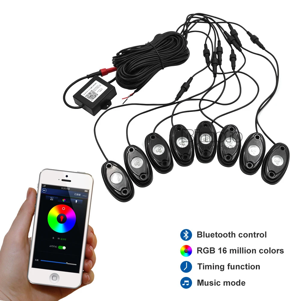 Bjglobal DC12V под автомобиля света 8 стручки 9 Вт RGB светодиодный Рок огни строба вспышки DIY Тип w/Bluetooth приложение Управление для 4x4 Off Road ATV