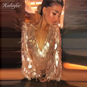 

Halinfer 2018 New Autumn women dress sexy Gold bodycon V-Neck Sequined Rayon Bandage celebrity party dress vestidos