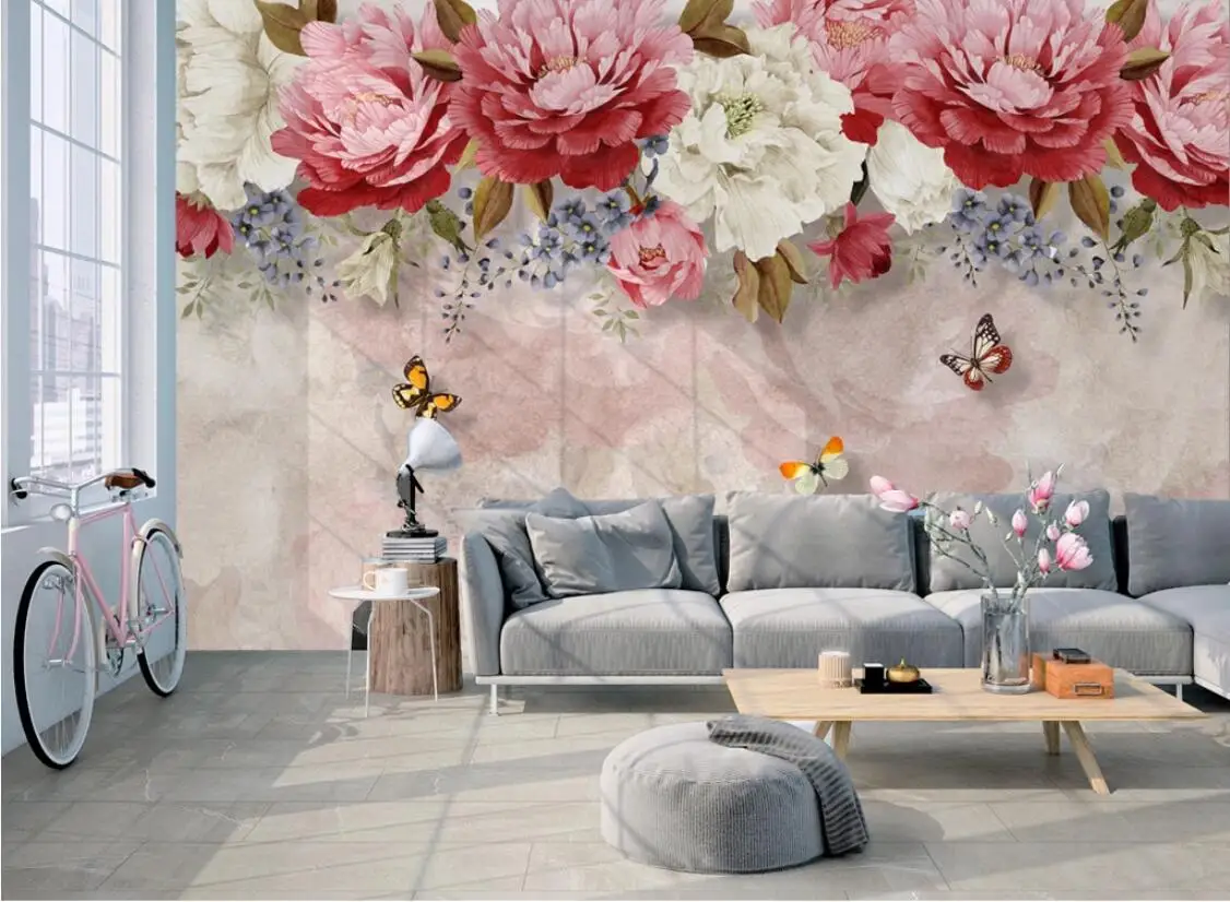 Watercolor Pink Flower 3d Wallpaper For Bedroom With Butterfly Wall Mural Madera Canvas Wallpapers Floral Wall Paper 3d Custom Wallpapers Aliexpress