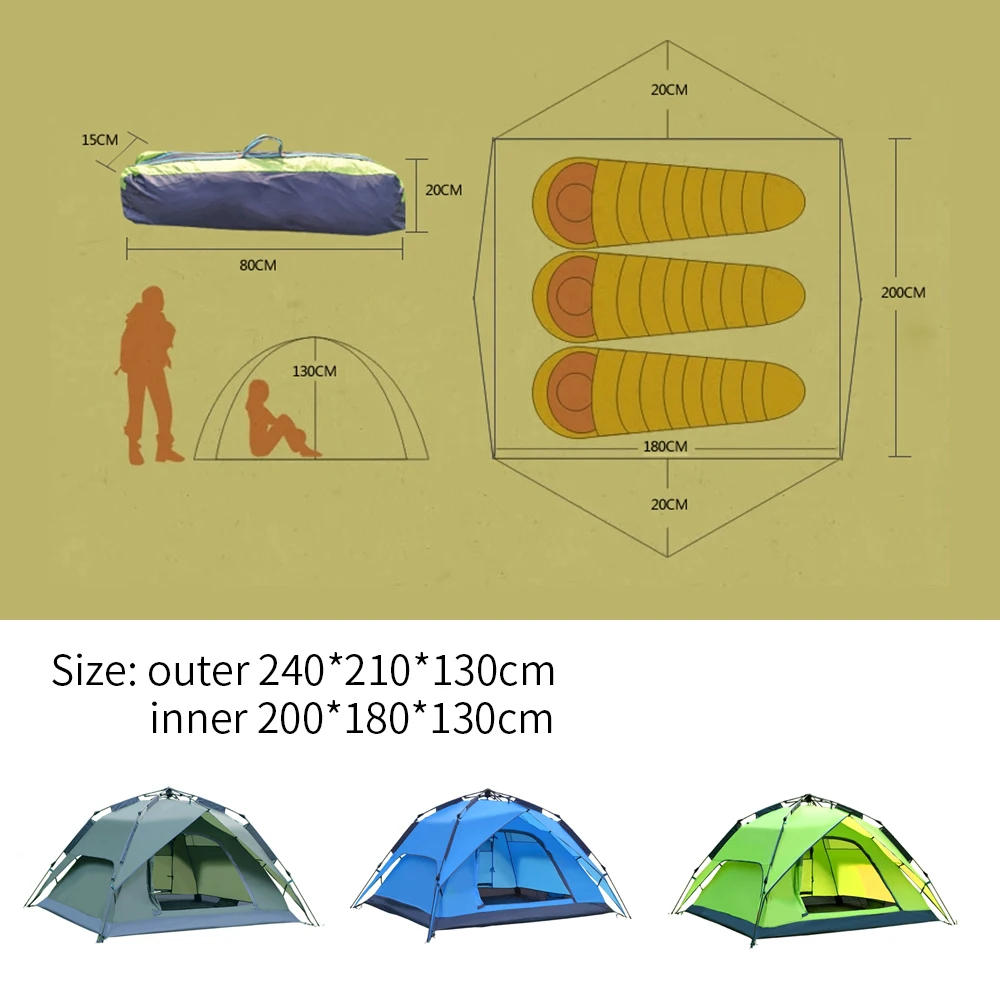 Автоматическая наружная семейная походная палатка для 3-4 человек, двухслойная Водонепроницаемая наружная Солнцезащитная палатка, переносная сумка для путешествий