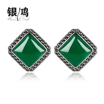 

925 Sterling silver Thai green natural semi-precious stones retro Earrings women jewelry green square girlfriend gift