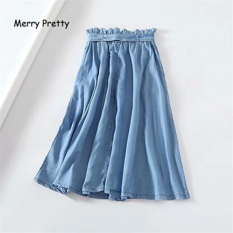 Merry Pretty, летняя женская синяя юбка из тенселя, повседневная, с оборками, на талии, с бантом, тонкая джинсовая юбка, Джинсовая, трапециевидная, длинная, Saias S-XL