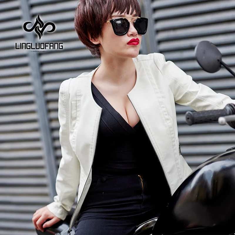 2018 Spring Autumn New Women Black Washed PU leather Coat